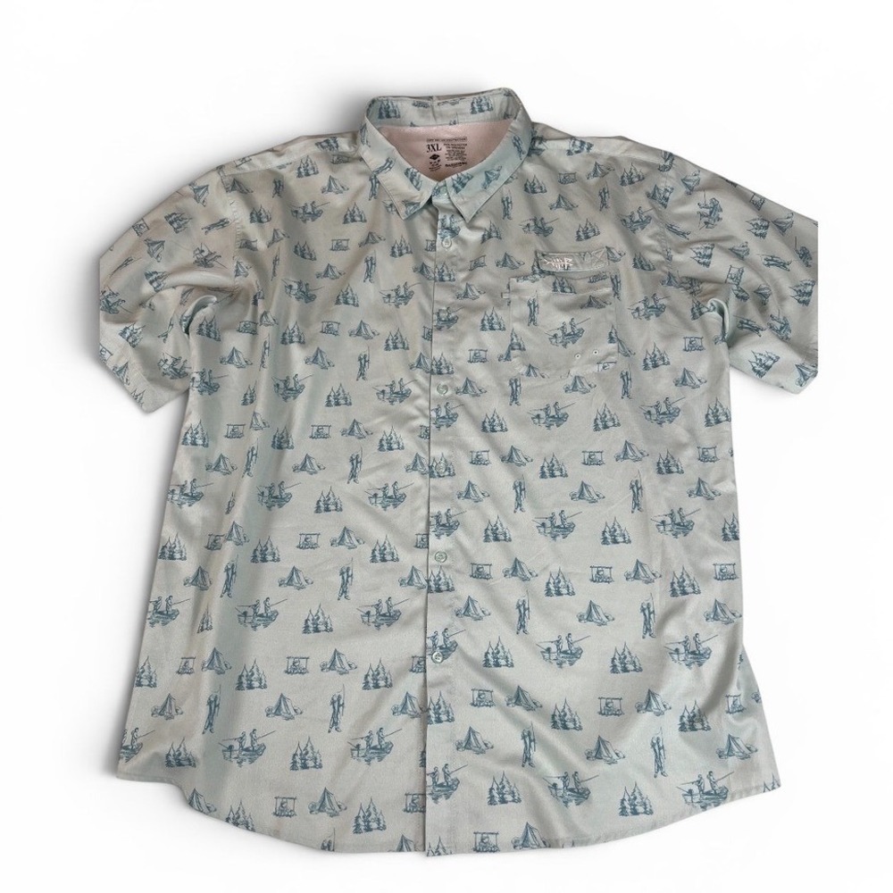Bassdash Mens 3XL Fishing Shirt UPF 50+ Short Sleeve Camping Print Blue Grey